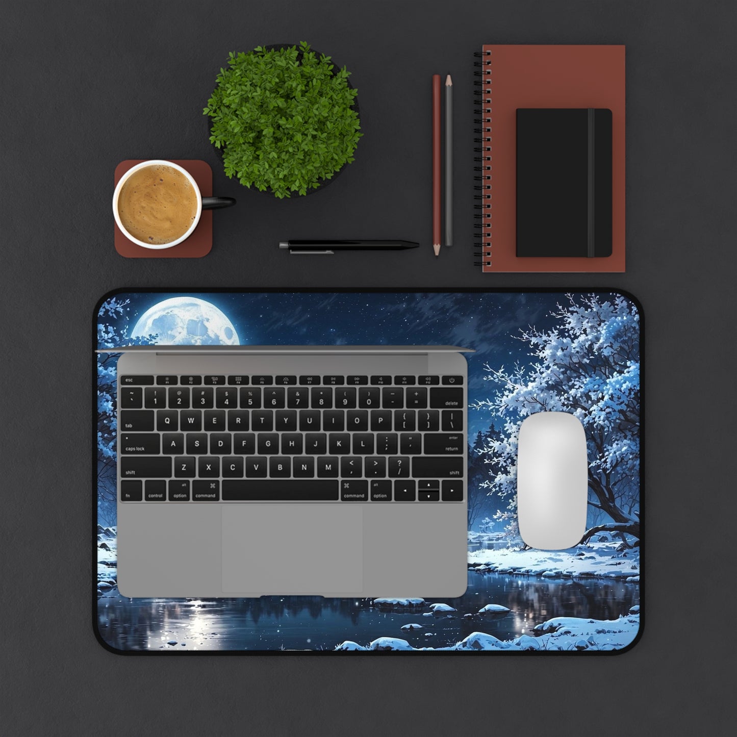Moonlit Winter Lake Desk Mat | Snowy Forest Nightscape