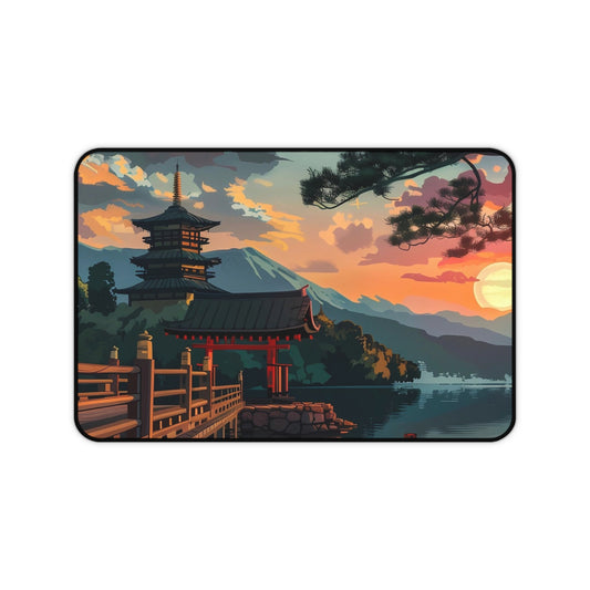 Sunset Japanese Temple Desk Mat | Scenic Anime Landscape Mouse Pad