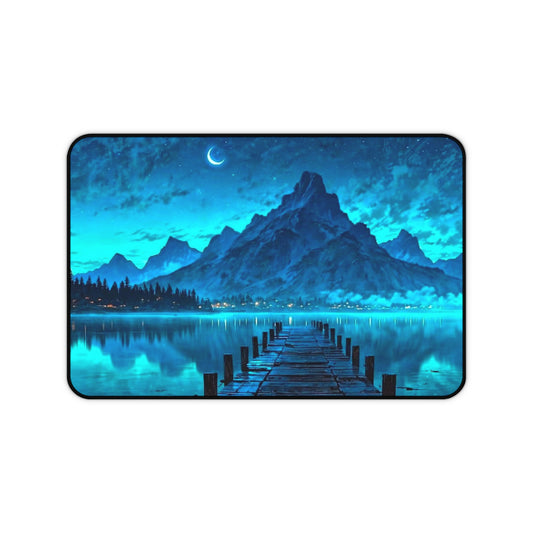Moonlit Mountain Lake Desk Mat | Blue Scenic Landscape Mouse Pad