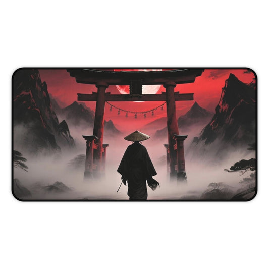 Samurai Torii Gate desk mat | Red Moon Japanese Landscape, Foggy Mountain Mousepad