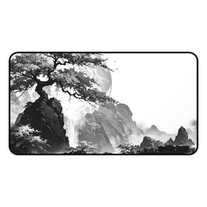 Zen Ink Landscape Desk Mat — Black & White Bonsai Moon Mouse Pad