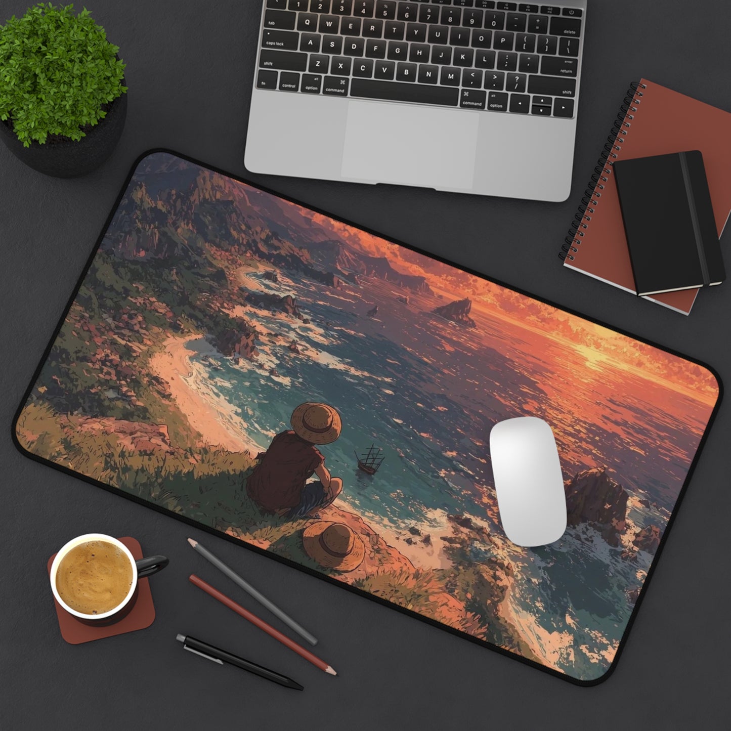 Sunset Cliffside Scene Desk Mat | Ocean View Landscape