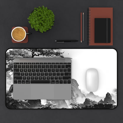 Zen Ink Landscape Desk Mat — Black & White Bonsai Moon Mouse Pad