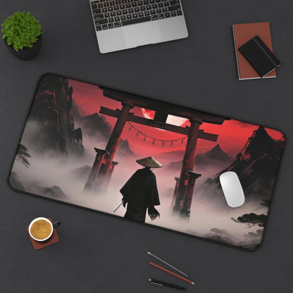 Samurai Torii Gate desk mat | Red Moon Japanese Landscape, Foggy Mountain Mousepad