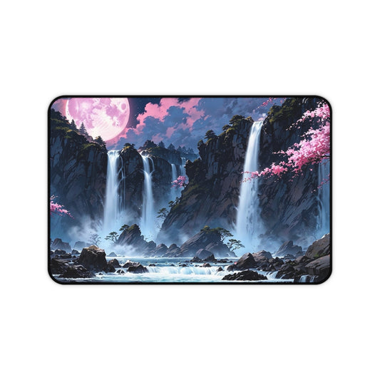 Moonlit Waterfall Landscape Desk Mat | Sakura River Scene