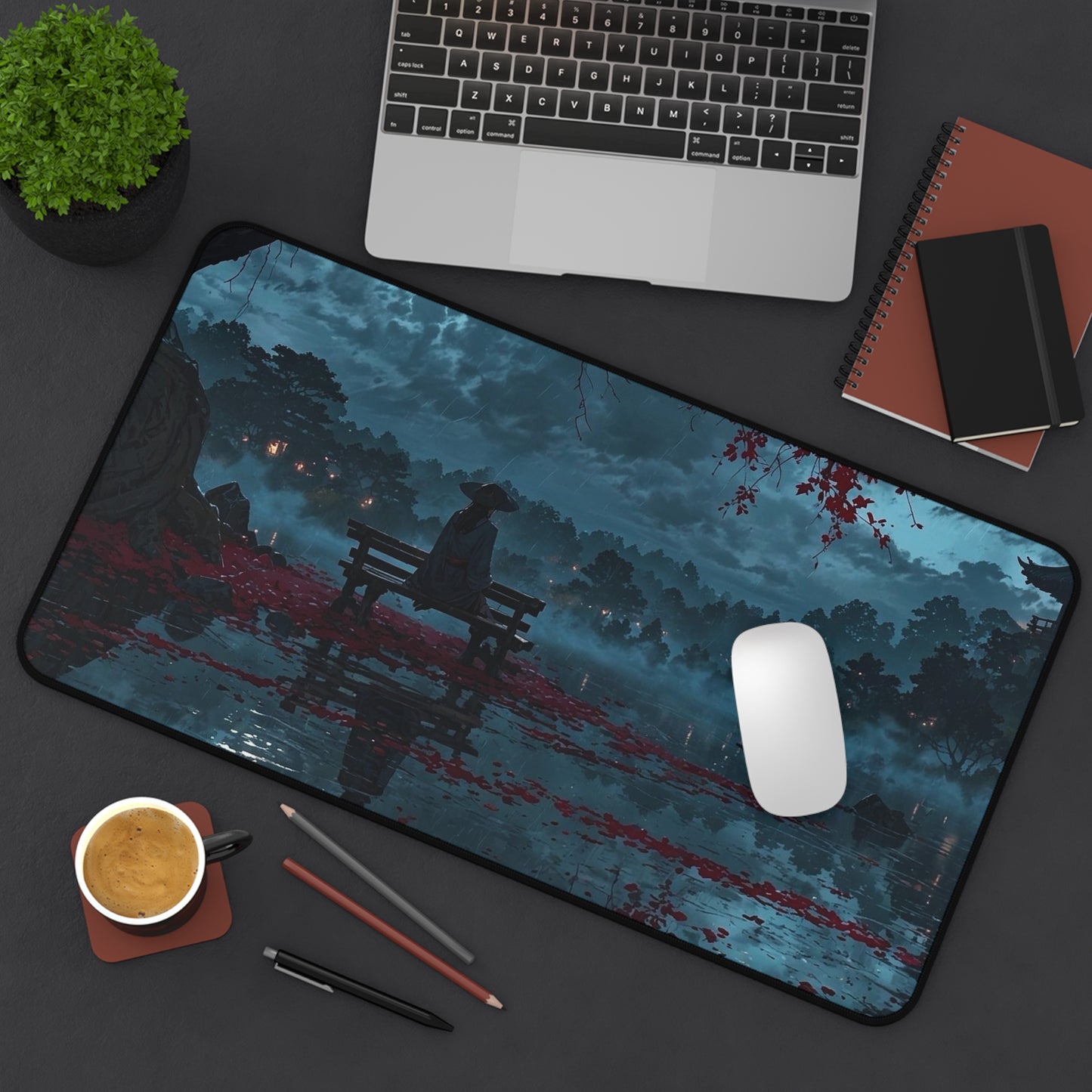 Lonely Figure on Bench at Moonlit Lake Desk Mat | Nightscape Vaporwave