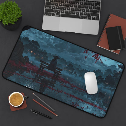 Lonely Figure on Bench at Moonlit Lake Desk Mat | Nightscape Vaporwave