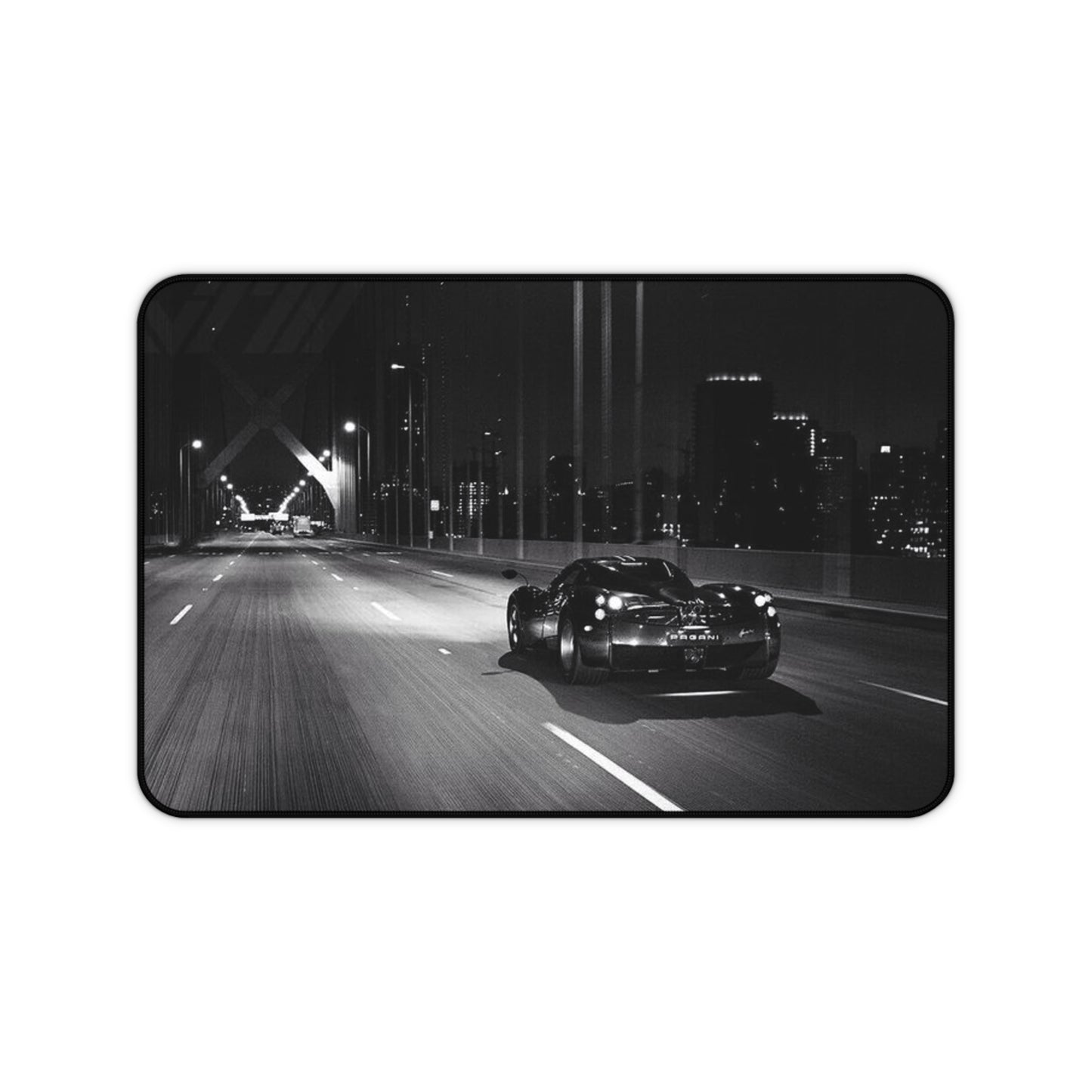 Vintage Sports Car Night Drive Desk Mat | Black and White Cityscape