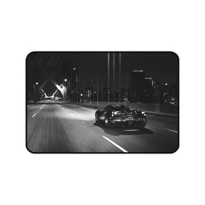 Vintage Sports Car Night Drive Desk Mat | Black and White Cityscape