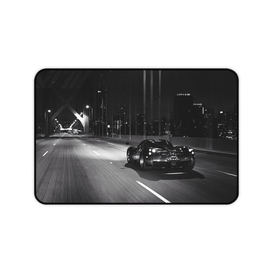 Vintage Sports Car Night Drive Desk Mat | Black and White Cityscape