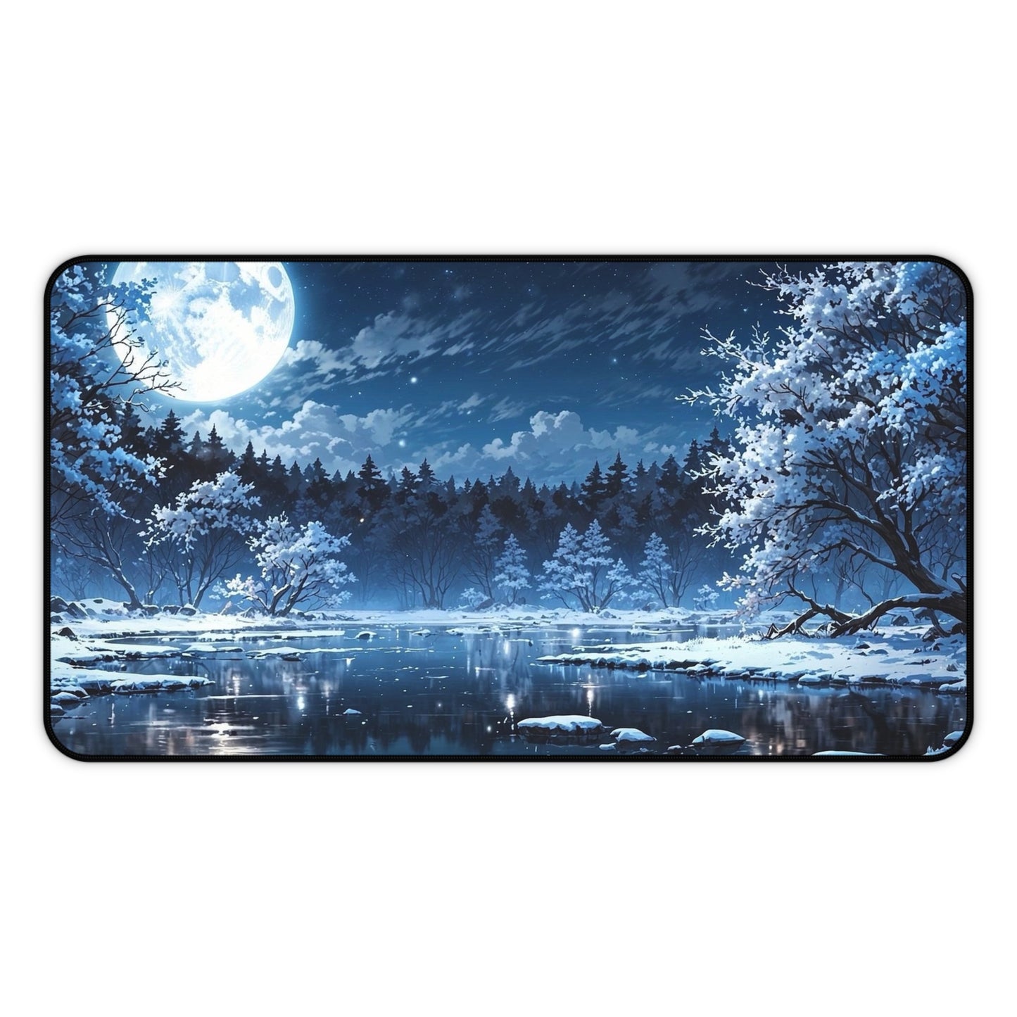 Moonlit Winter Lake Desk Mat | Snowy Forest Nightscape