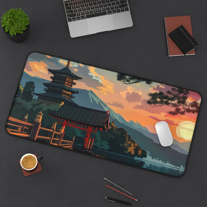 Sunset Japanese Temple Desk Mat | Scenic Anime Landscape Mouse Pad
