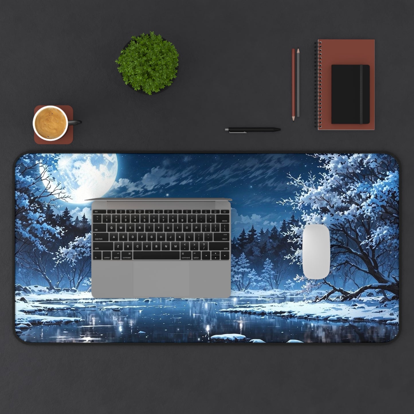 Moonlit Winter Lake Desk Mat | Snowy Forest Nightscape