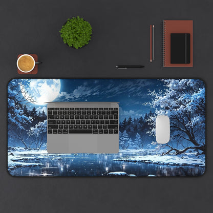 Moonlit Winter Lake Desk Mat | Snowy Forest Nightscape