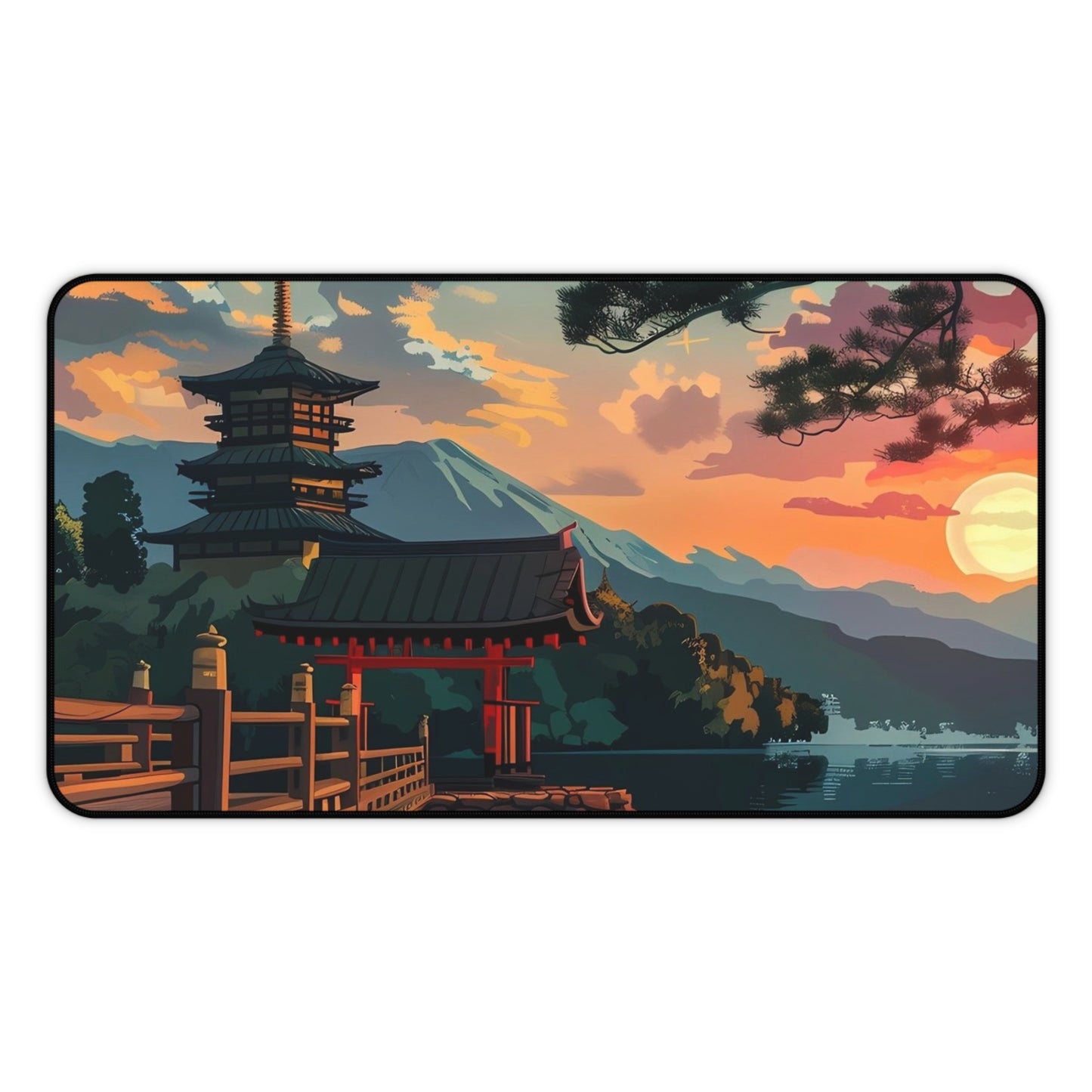 Sunset Japanese Temple Desk Mat | Scenic Anime Landscape Mouse Pad