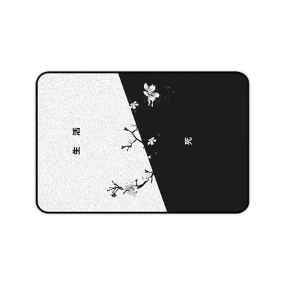 Black White Cherry Blossom Split Design Desk Mat | Minimal Aesthetic