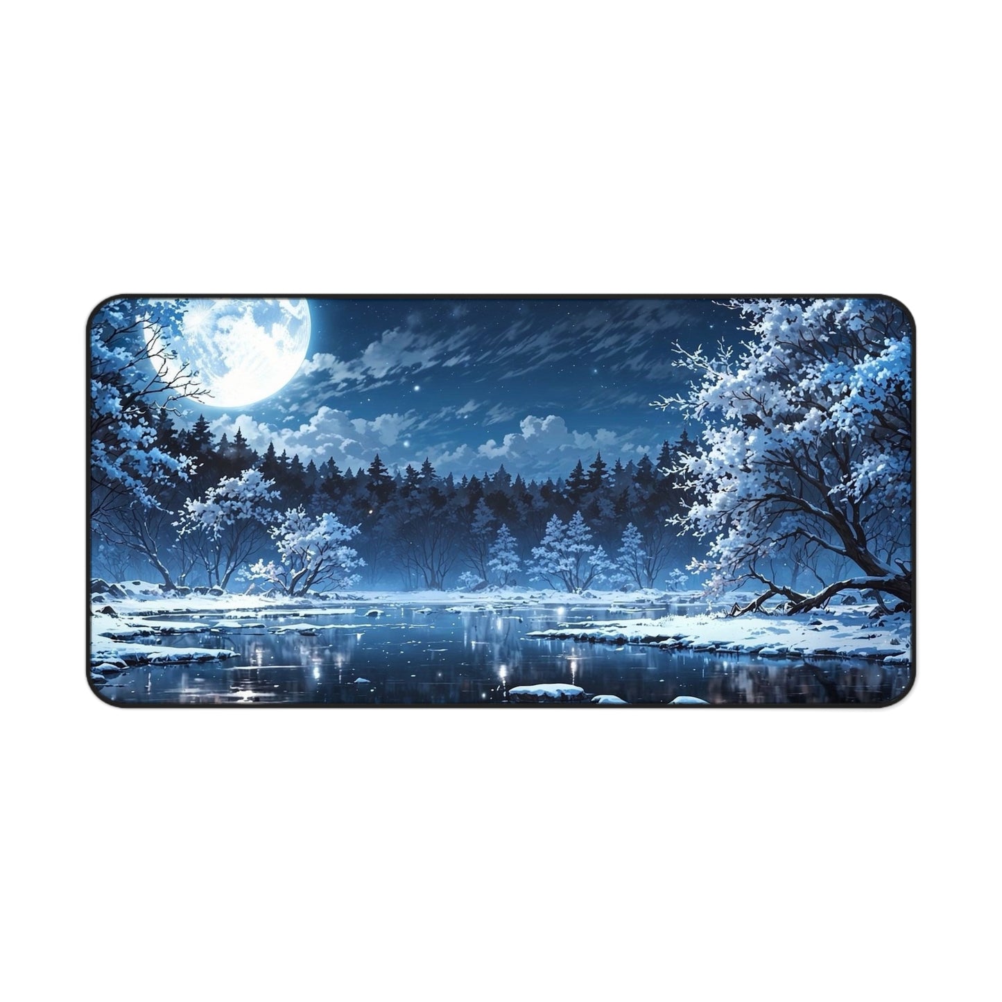 Moonlit Winter Lake Desk Mat | Snowy Forest Nightscape