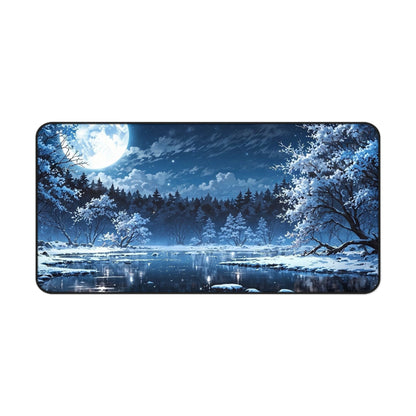 Moonlit Winter Lake Desk Mat | Snowy Forest Nightscape