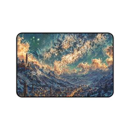 Starry Fantasy Mountain Village Desk Mat | Night Sky Landscape Mouse Pad