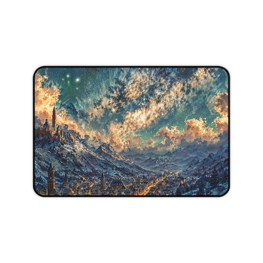 Starry Fantasy Mountain Village Desk Mat | Night Sky Landscape Mouse Pad