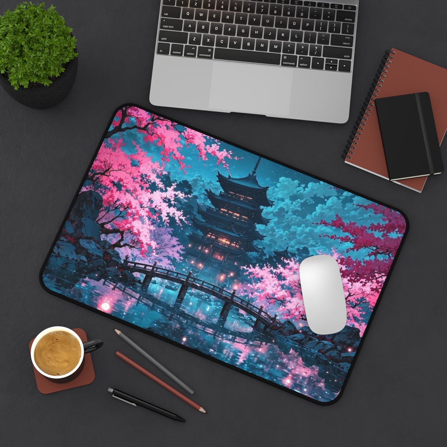 Cherry Blossom Pagoda Desk Mat | Japanese Nightscape Mouse Pad