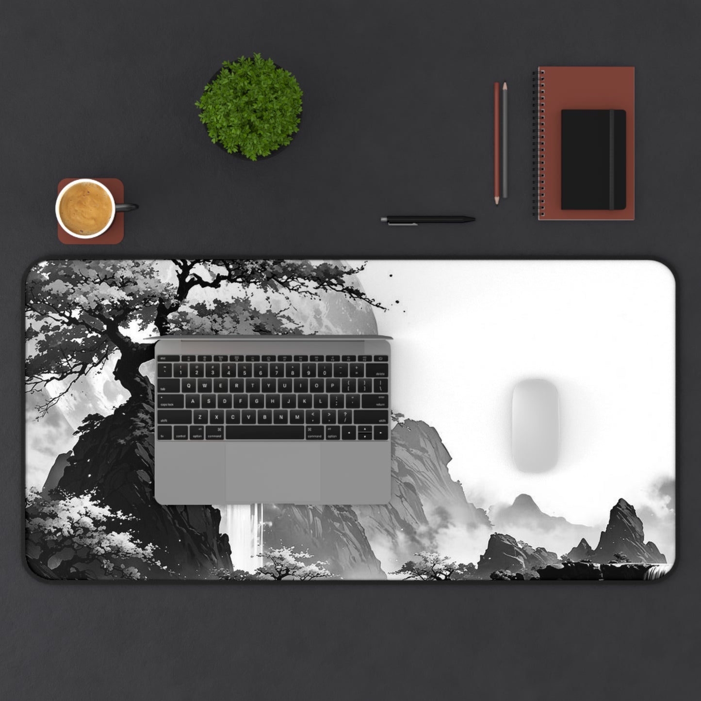 Zen Ink Landscape Desk Mat — Black & White Bonsai Moon Mouse Pad