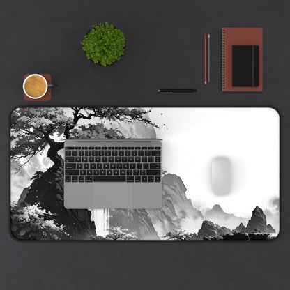 Zen Ink Landscape Desk Mat — Black & White Bonsai Moon Mouse Pad