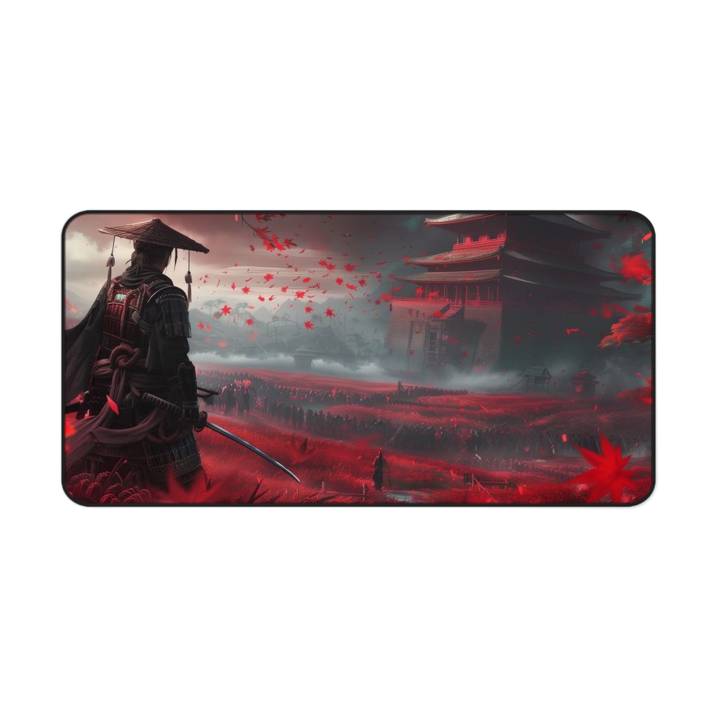 Samurai in Red Maple Field Desk Mat | Japanese Castle Landscape