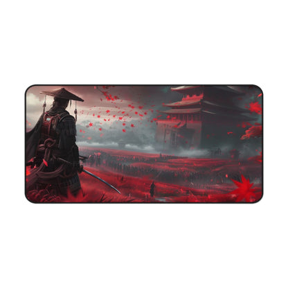 Samurai in Red Maple Field Desk Mat | Japanese Castle Landscape