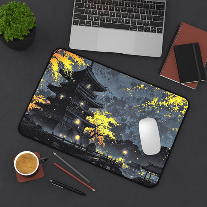 Nighttime Pagoda Landscape Desk Mat | Japanese Temple Scene Mouse Pad
