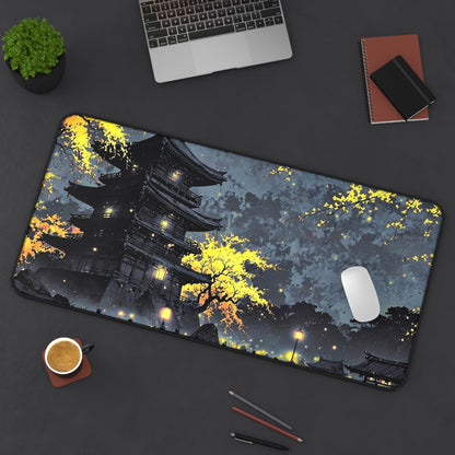 Nighttime Pagoda Landscape Desk Mat | Japanese Temple Scene Mouse Pad