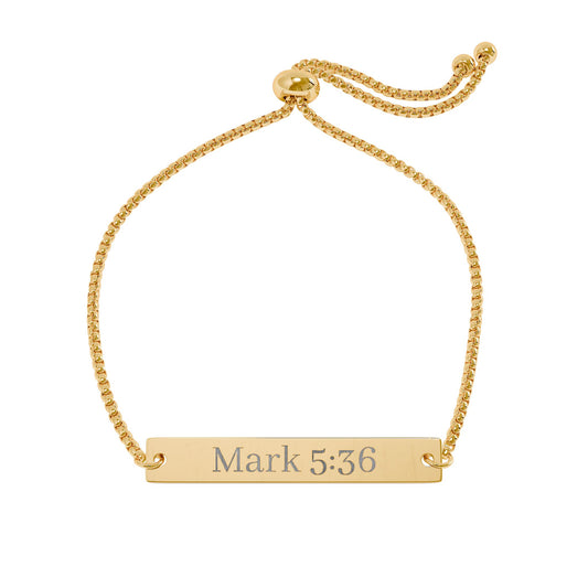 Gold Adjustable Bar Bracelet — Engraved “Mark 5:36” Scripture Bracelet