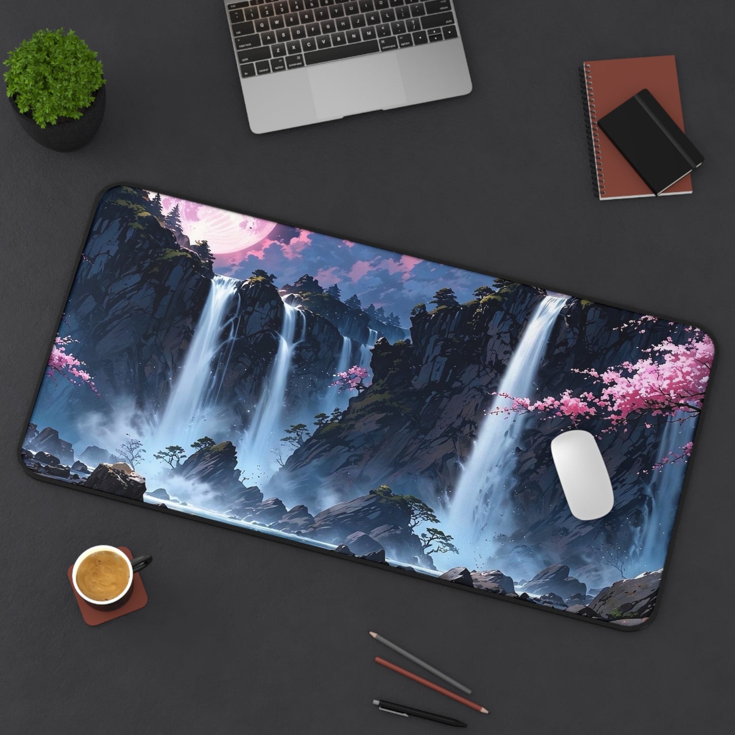 Moonlit Waterfall Landscape Desk Mat | Sakura River Scene