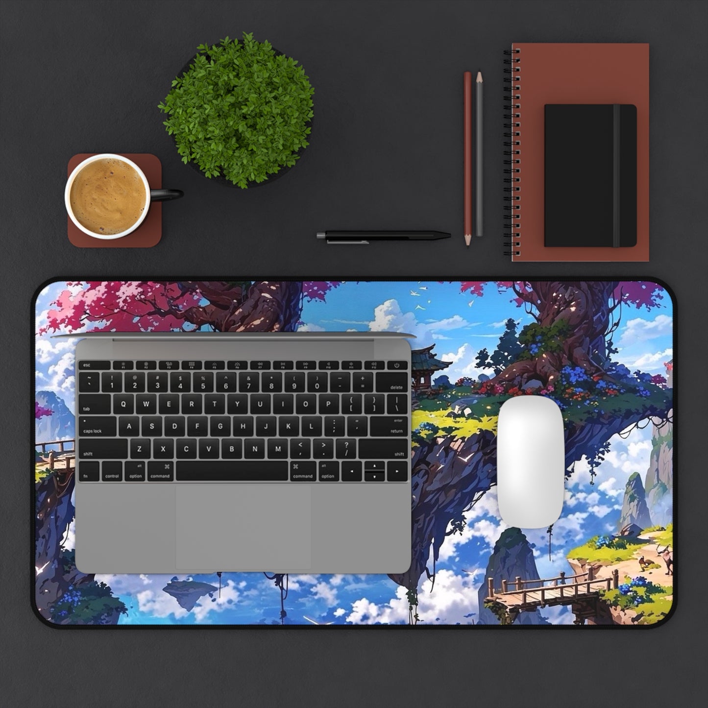 Floating Island with Cherry Trees Desk Mat | Fantasy Landscape Mouse Pad