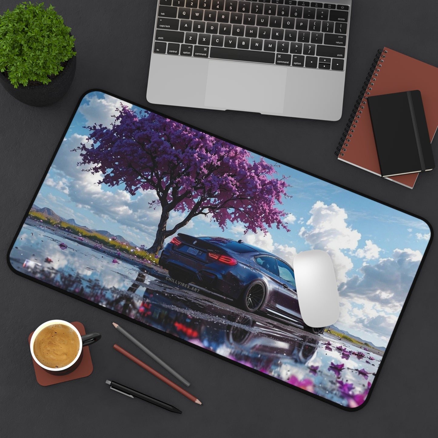 Purple Blossom Sports Car Desk Mat | Scenic Reflection Mouse Pad