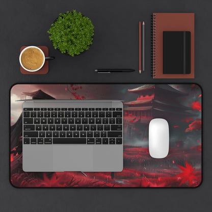 Samurai in Red Maple Field Desk Mat | Japanese Castle Landscape