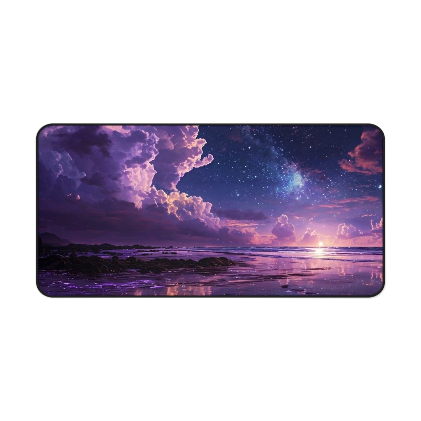 Purple Galaxy Beach Sunset Desk Mat | Cosmic Night Sky Mousepad