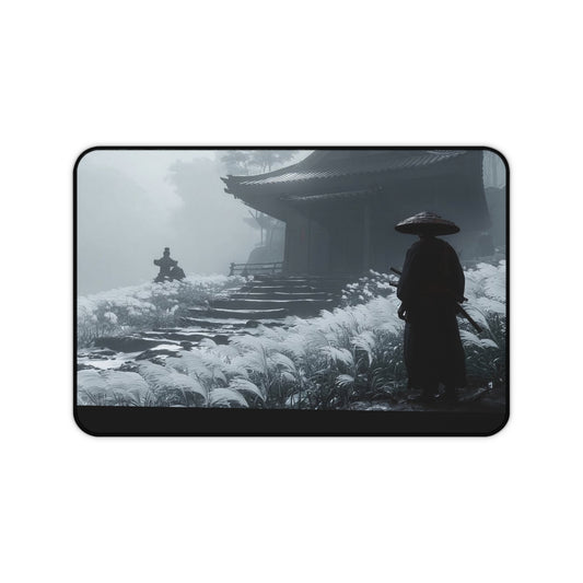 Samurai Temple Desk Mat — Misty Japanese Warrior Landscape Mouse Pad