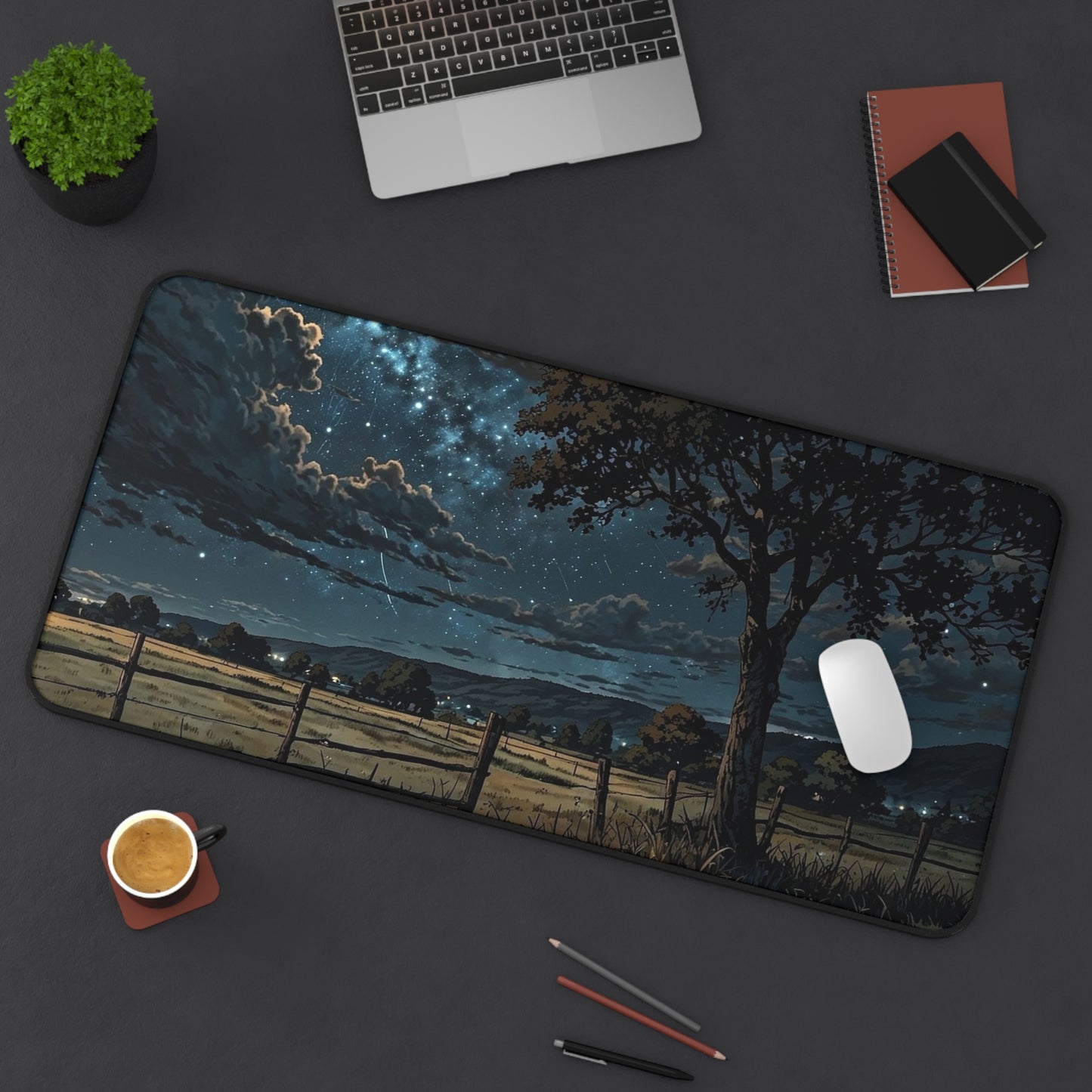 Starry Night Countryside Desk Mat | Moonlit Field Mousepad
