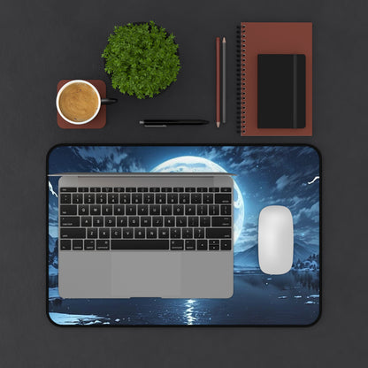Blue Full Moon Lake Scene Desk Mat | Night Sky Mouse Pad