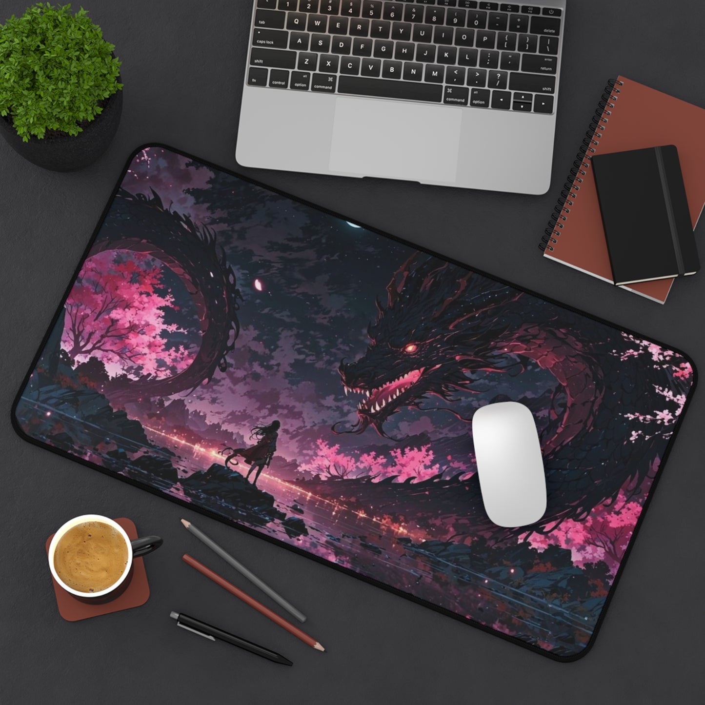 Moonlit Sakura Dragon Desk Mat | Anime Fantasy Landscape Mouse Pad