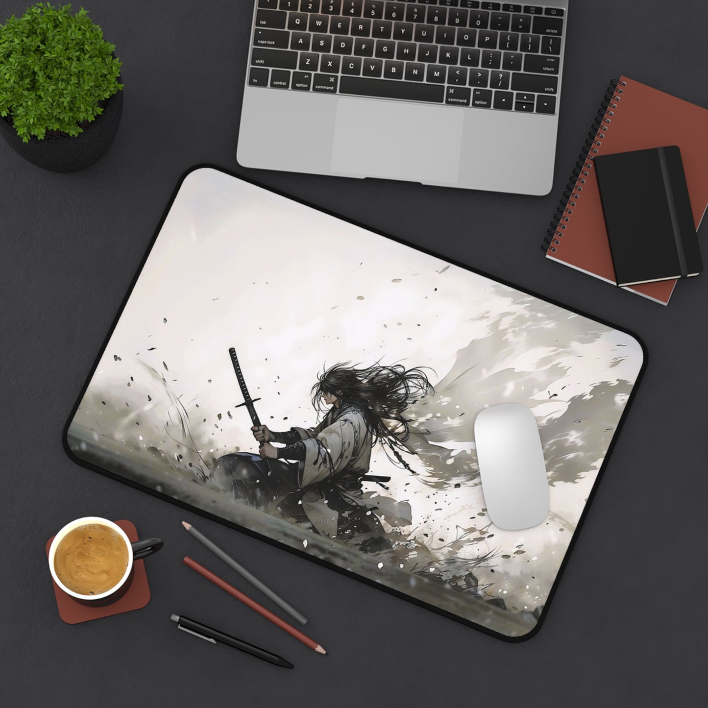 Samurai Battle Desk Mat — Epic Monochrome Sword Warrior Mouse Pad