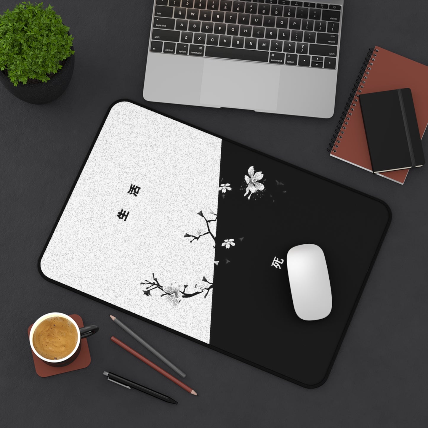 Black White Cherry Blossom Split Design Desk Mat | Minimal Aesthetic
