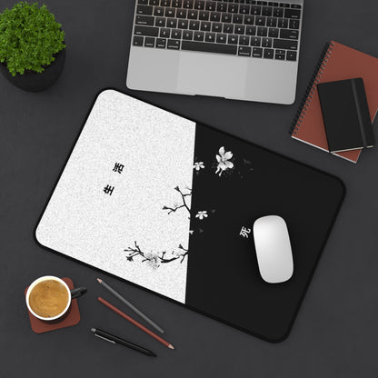 Black White Cherry Blossom Split Design Desk Mat | Minimal Aesthetic