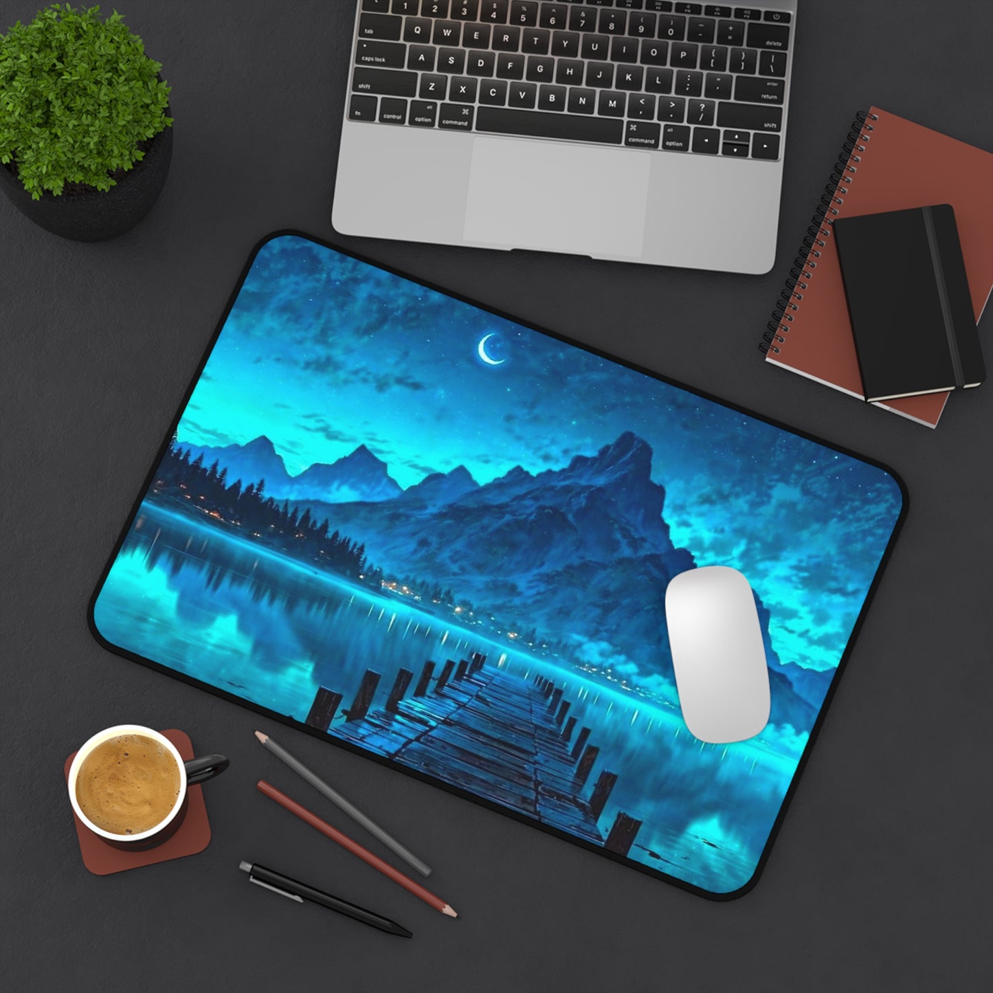 Moonlit Mountain Lake Desk Mat | Blue Scenic Landscape Mouse Pad