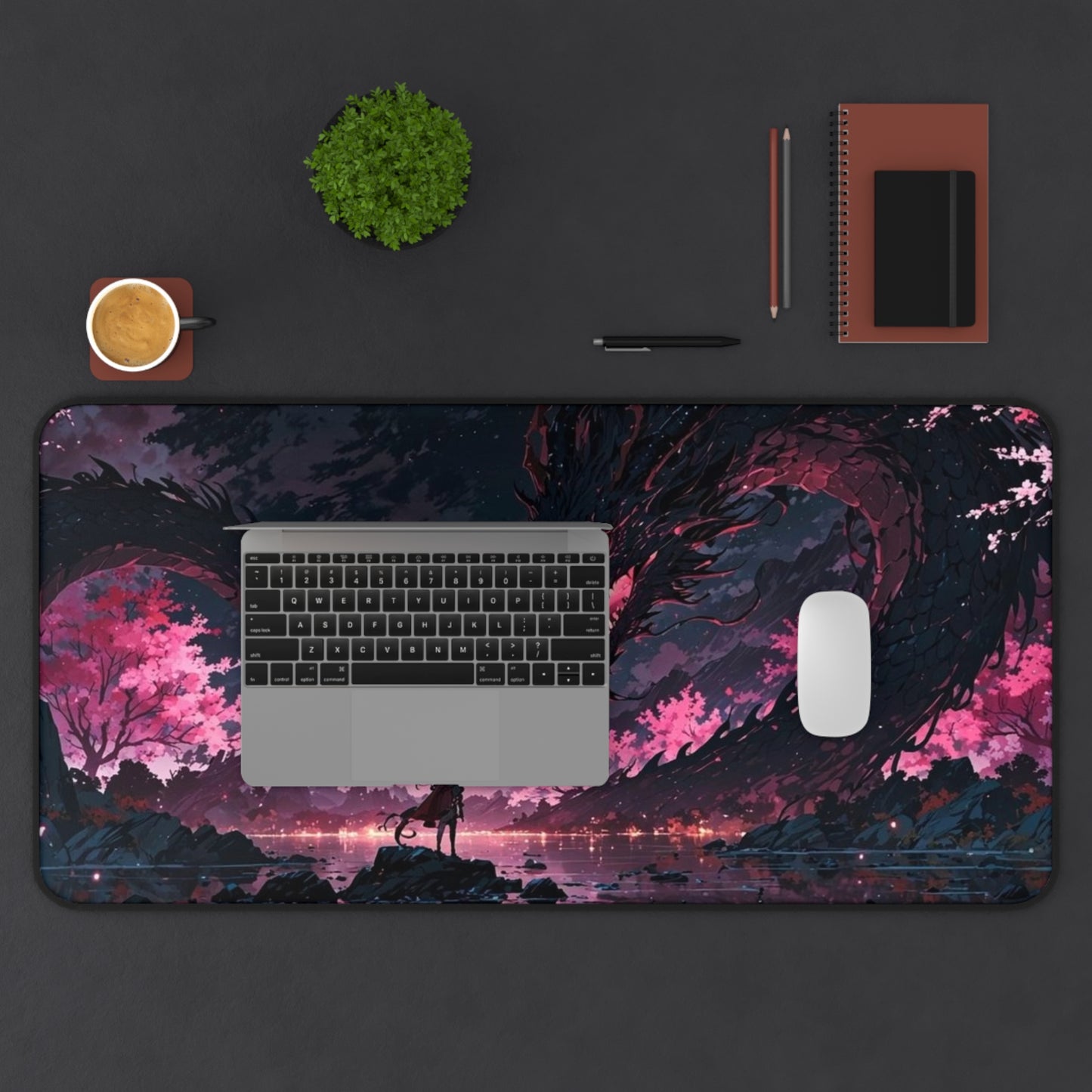Moonlit Sakura Dragon Desk Mat | Anime Fantasy Landscape Mouse Pad