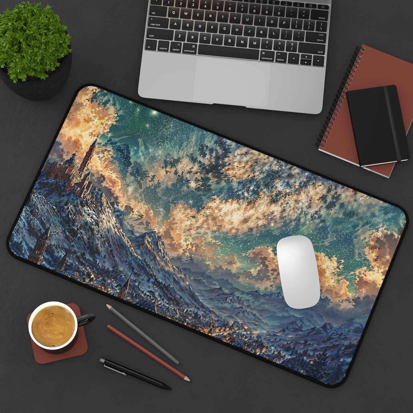 Starry Fantasy Mountain Village Desk Mat | Night Sky Landscape Mouse Pad