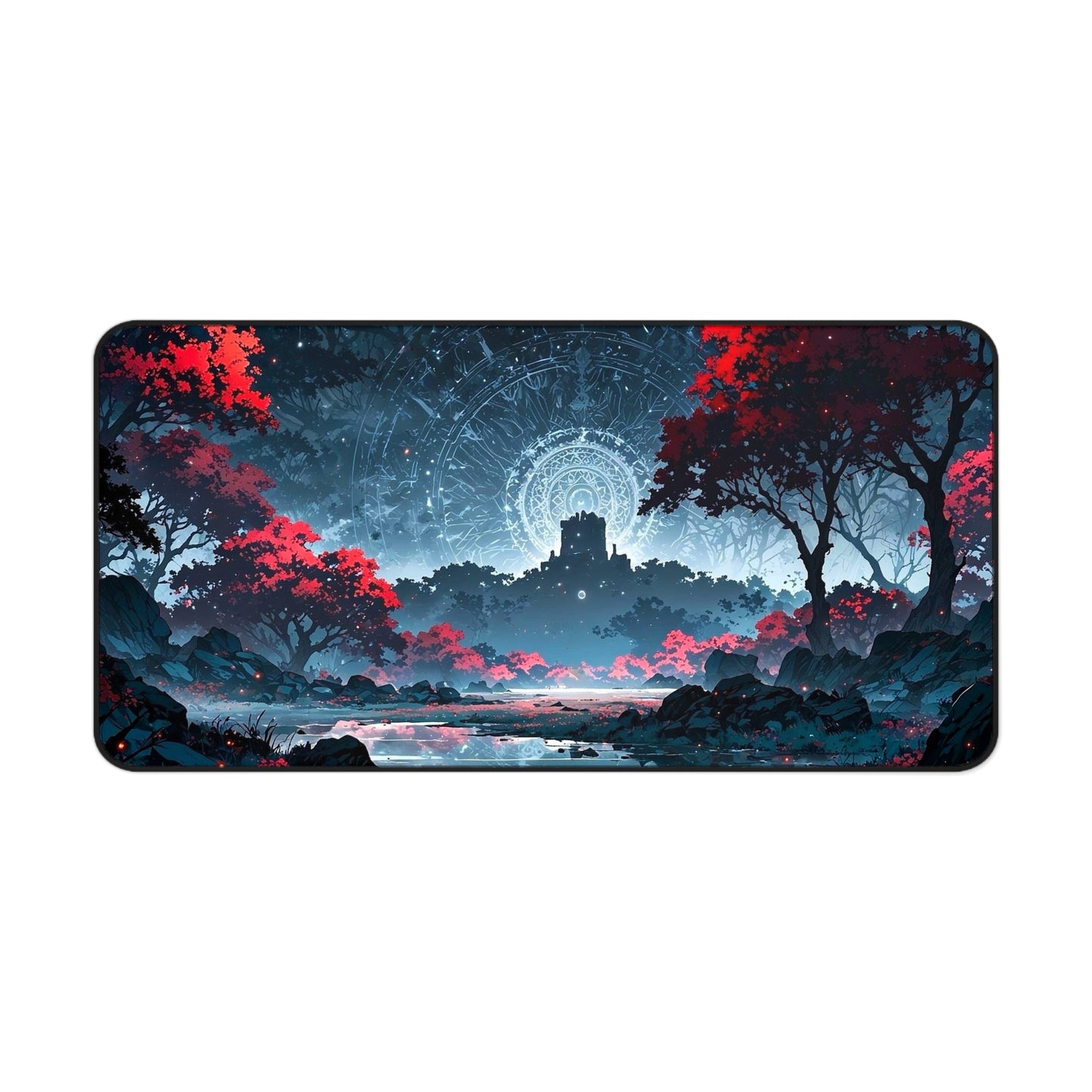 Mystic Castle Landscape Desk Mat | Night Sky, Red Trees, Fantasy Scene