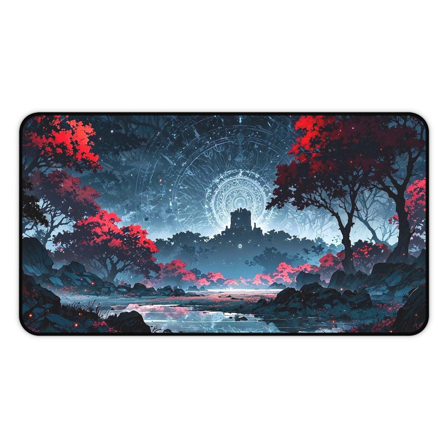 Mystic Castle Landscape Desk Mat | Night Sky, Red Trees, Fantasy Scene