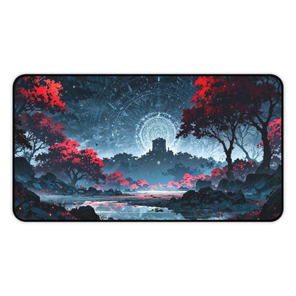 Mystic Castle Landscape Desk Mat | Night Sky, Red Trees, Fantasy Scene